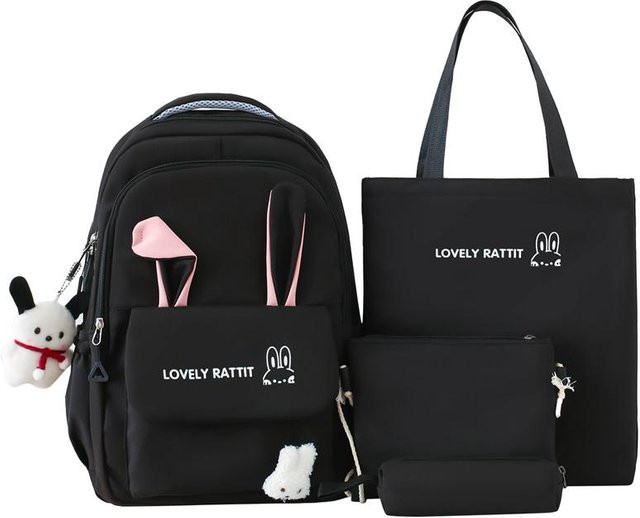 Vierteiliges Rucksackset für Damen mit Hasenohren in Schwarz, ergonomischer Schulranzen mit großer Kapazität zum Schutz der Wirbelsäule - Bild 1