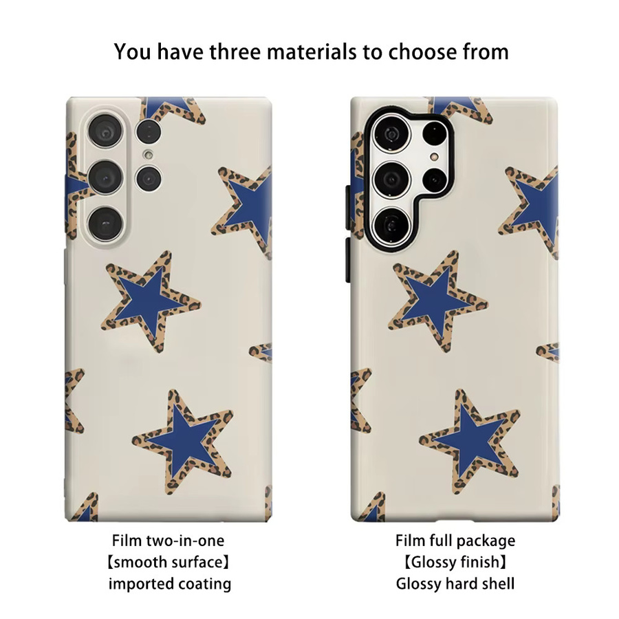 Stoßfeste Doppelschicht Handyhülle mit Leopardenmuster und blauen Sternen für Samsung Galaxy S25 Ultra, S24 und S23 Ultra Plus in Multicolor - Bild 2