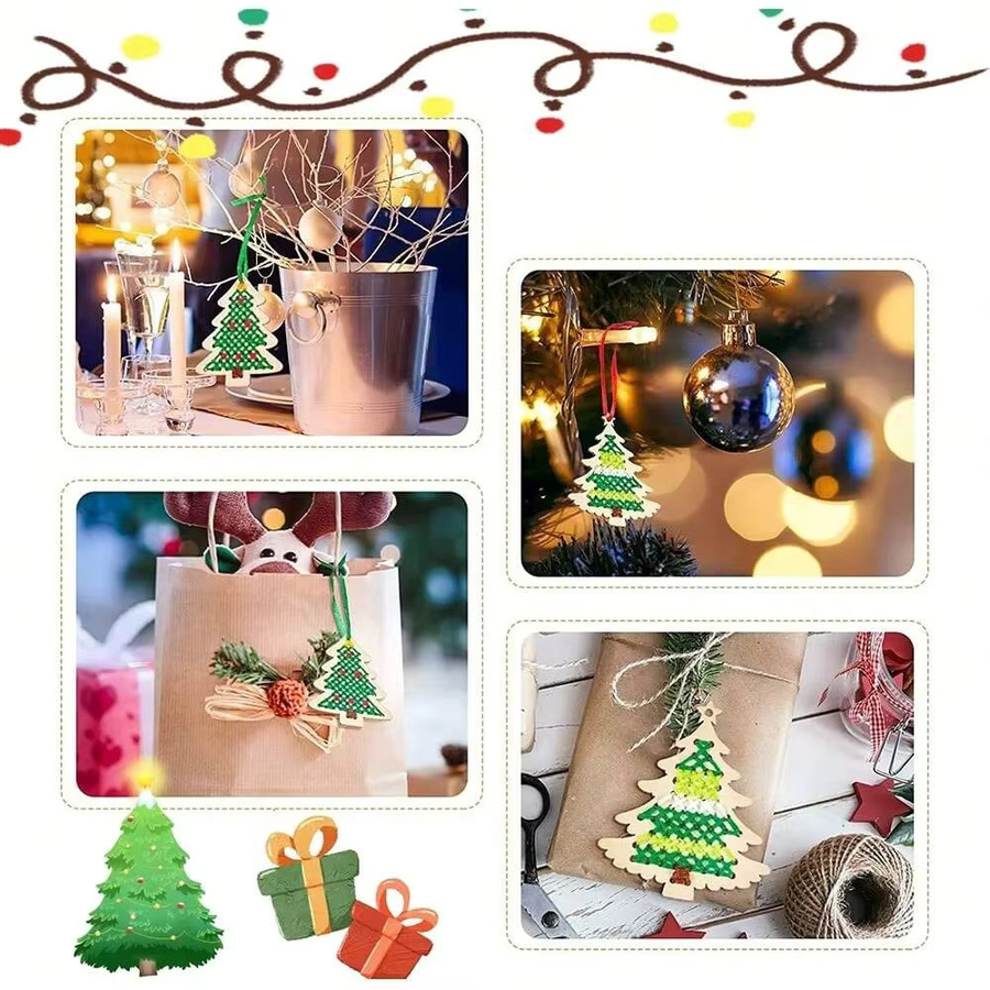 NOTIONSLAND 10er Set DIY Kreuzstich Holzanhänger für Weihnachtsdekoration und Handarbeit - Bild 2