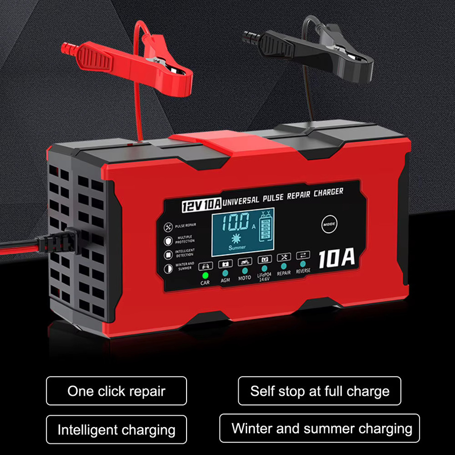 Intelligentes Autobatterieladegerät mit LCD-Display und Pulsreparatur Funktion, 12 V, 10 A, für Eisen-Lithium-Batterien, Farbe: Rot - Bild 2