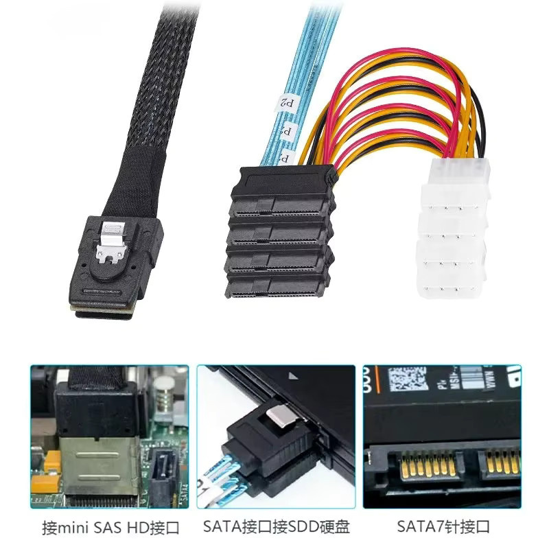 BSN Mini-SAS-Kabel SFF-8087 auf 4x SFF-8482 Power-Festplatten-Datenkabel, Schwarz - Bild 2