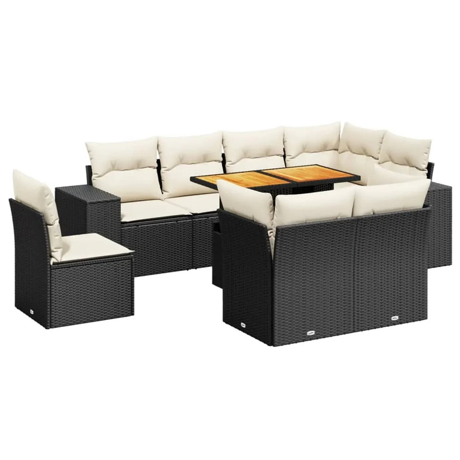 vidaXL 9-tlg. Garten-Sofagarnitur in L-Form aus Poly-Rattan und Akazienholz mit Kissen in Schwarz-Creme - Bild 2