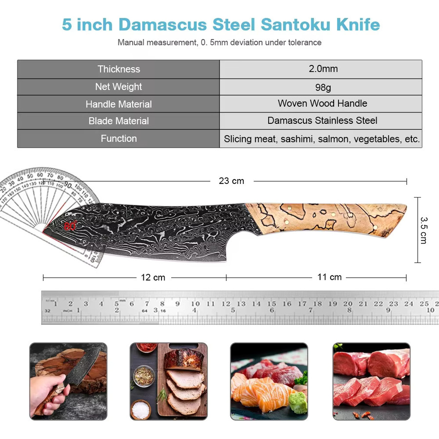 Xituo Santoku Küchenmesser aus 67-lagigem Damaststahl mit Holzgriff, Mehrzweckmesser für Obst und Gemüse, Mehrfarbig, Klingenlänge: 12,7 cm - Bild 2