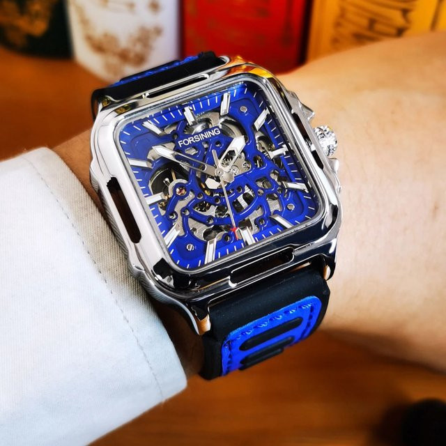 Forsining Armbanduhr, Automatik, Edelstahl, Silber, Blau, Eckig, Herren - Bild 1