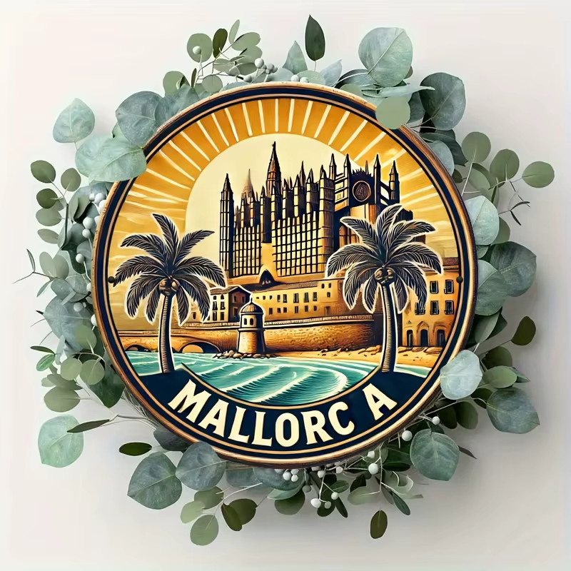 Runde Wanddekoration aus Aluminium von Potdemiel mit Mallorca-Strandszene, Palmen und Schloss-Design, Mehrfarbig, Durchmesser: 20,32 cm - Bild 4