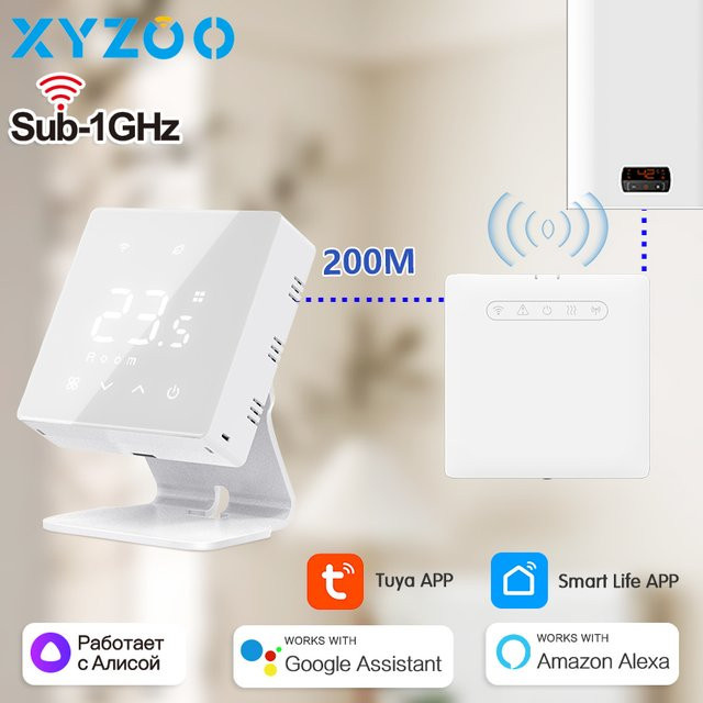 Tuya Smart WiFi-Thermostat mit RF-Funkempfänger und Fernbedienung in Weiß zur Temperaturregelung für Wasser- und Gasheizkessel, kompatibel mit Alexa und Google Home - Bild 1