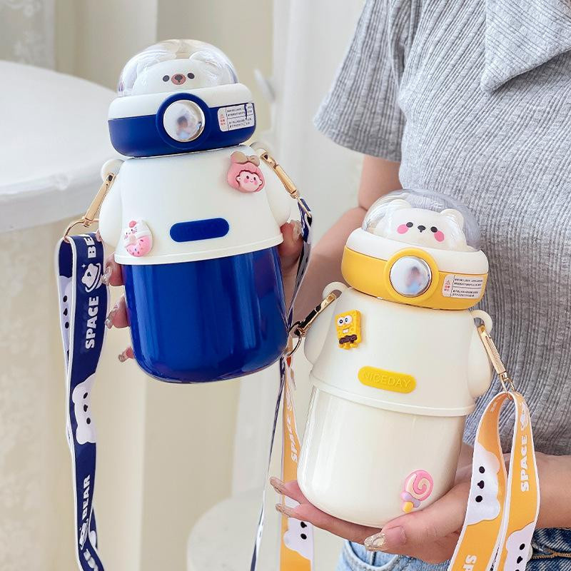 Binchi Keji Travel Thermosflasche mit Astronautik-Bär und Strohhalm für Kinder und Mädchen, isolierter Wasserbecher aus rostfreiem Stahl - Bild 1