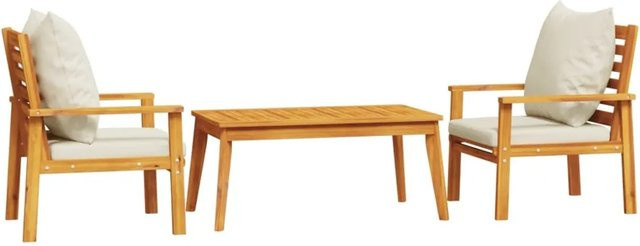 vidaXL 3-tlg Garten-Lounge-Set aus Akazien-Massivholz mit Kissen in Braun und Weiß - Bild 1