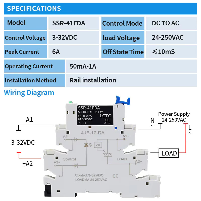 LCTC SSR Solid State Relais SSR-41FDD Slim Modul für DIN-Schiene, DC zu AC/DC 6A mit LED-Anzeige - Bild 3