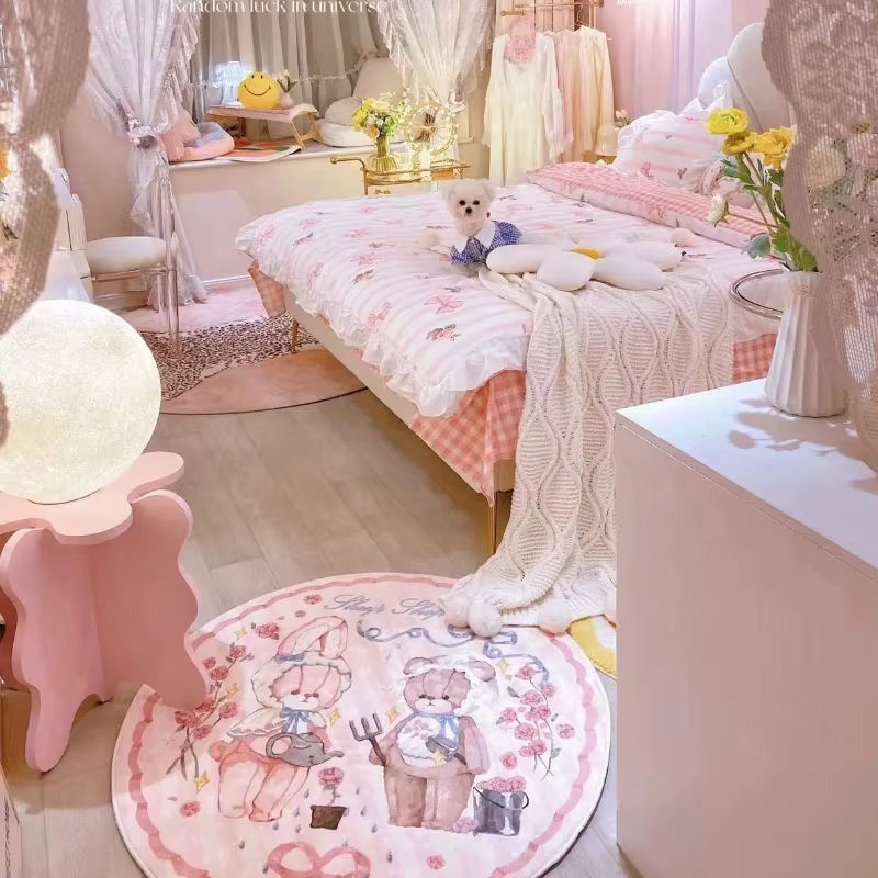 Runder Flanell Teppich mit niedlichem Tier-Design in Pink für Kinderzimmer, Wohnzimmer oder Balkon - Bild 2