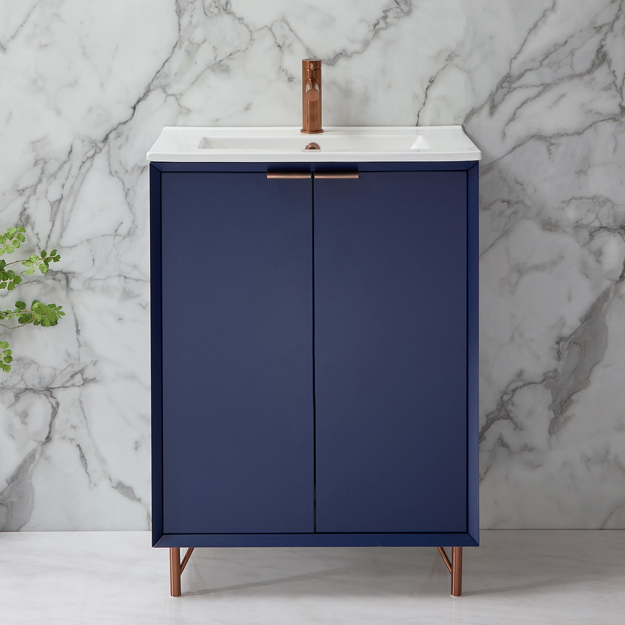 Waschtischunterschrank mit Waschbecken HudsonReed Edge Dunkelblau Matt mit Soft-Close-Türen und Kupfer-Fingergriffen Breite: 61 cm - Bild 1