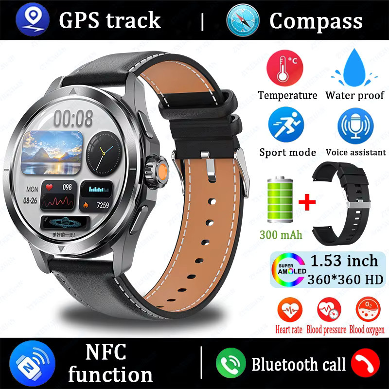 BOXUXING Smartwatch, Schwarz, Leder, Herren, 44 mm, GPS, NFC - Bild 2