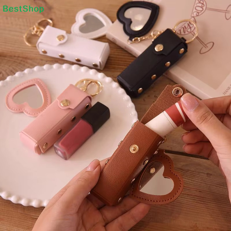 Lippenstift-Etui mit Herzspiegel, Mini-Kosmetiktasche aus Leder mit Schlüsselanhänger - Bild 3