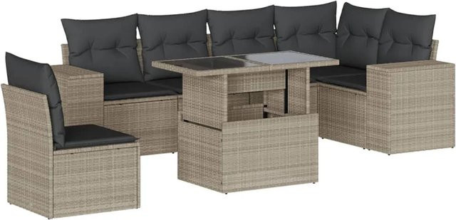 vidaXL 7-teilige Garten-Sofagarnitur in L-Form mit Kissen und Couchtisch, Anthrazit/Hellgrau, Poly-Rattan mit Metallgestell - Bild 1