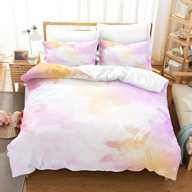 Bettwäsche Set Wolkenhimmel mit Regenbogen Muster in Rosa und Blau aus Polyester für Kinder, 2-teilig, Breite: 133 cm, Höhe: 70 cm - Bild 1