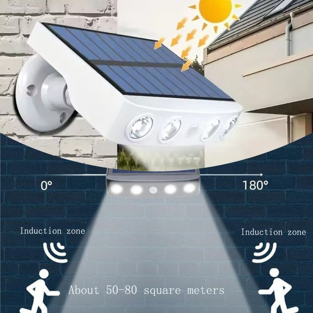 DOUWENXI Solarbetriebene Außenwandleuchte in Weiß mit 4 LED-Lampen und Bewegungssensor für Garten, Terrasse und Balkon - Bild 1