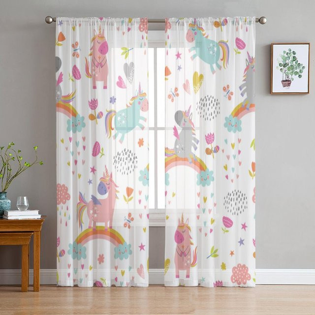 Yiran Furniture Einhorn und Schmetterling Tüllvorhänge für Kinder, 2er-Set, Multicolour, transparent, Breite: 50 cm, Höhe: 130 cm - Bild 1