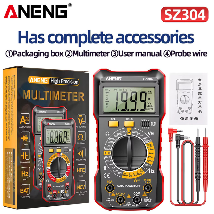 Aneng SZ304 Digitales Multimeter True RMS mit NCV Funktion für AC/DC Spannung Strom und Widerstand in Schwarz - Bild 5
