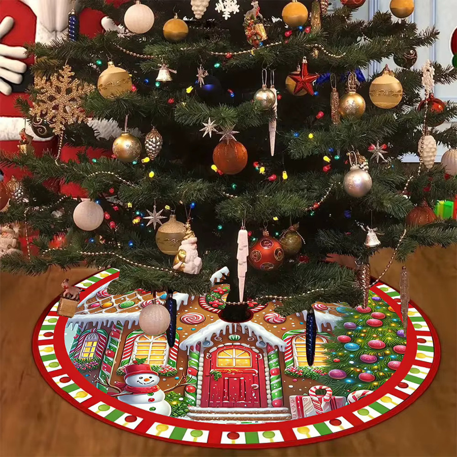 VIKAMA Weihnachtsbaum Rock Kissen mit Cartoon Lebkuchenhaus und Schneemann Motiv, Mehrfarbig, Rund - Bild 3