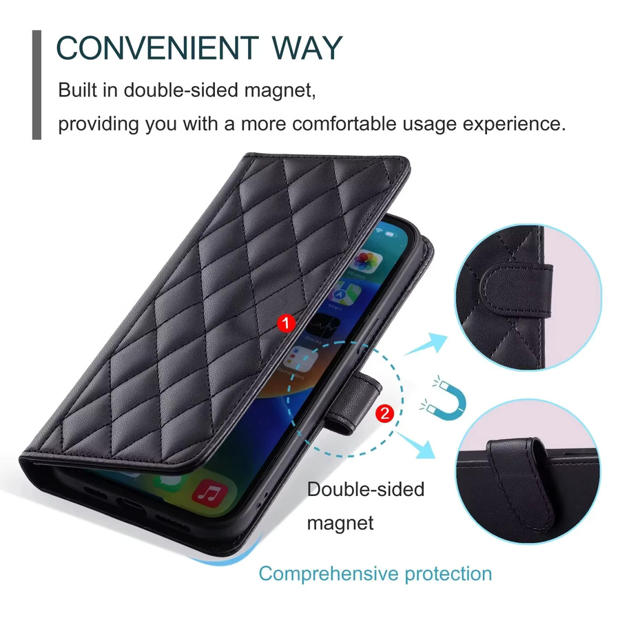 Karierte Leder-Mappenhülle mit Lanyard für Samsung Galaxy A06 A16 A26 A36 A56 5G A05S A15 A35 A55 A25 in Schwarz oder Lila - Bild 4