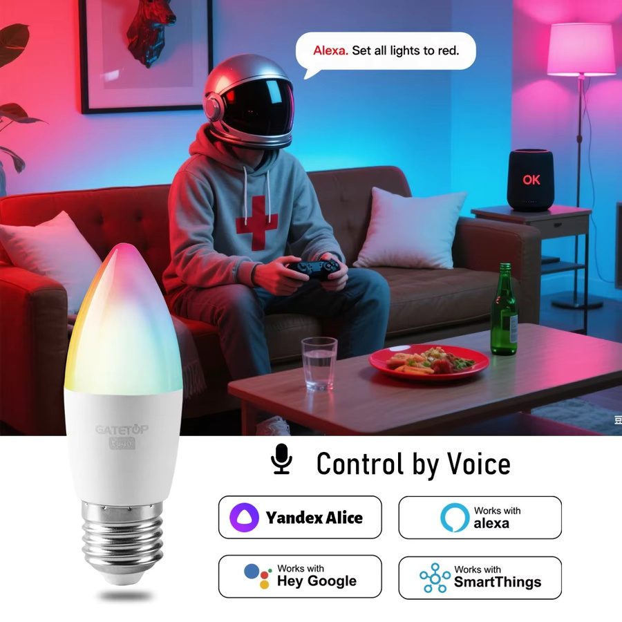 Tuya Smart LED Glühbirne E27 RGBWW mit WiFi und Bluetooth, 6W, Sprachsteuerung über Alexa und Google Assistant, Multicolour - Bild 4