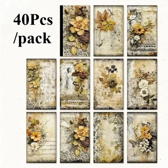 40 Stück Vintage Scrapbooking-Papier Set mit Blumen- und Schmetterlingsmotiven in Multicolour für DIY Tagebuch und Album, B/H: 15,0 x 15,0 cm - Bild 1