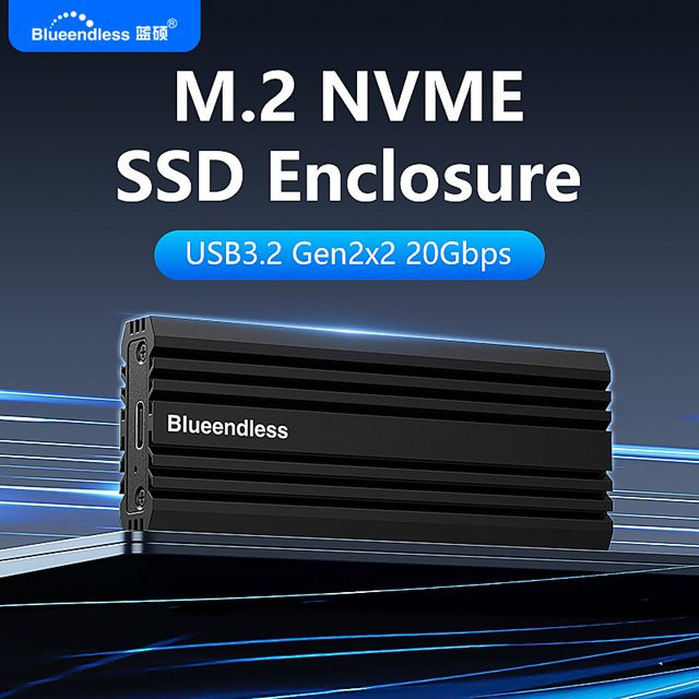 BLUEENDLESS M.2 NVMe Gehäuse USB 3.2 Gen 2x2 Typ-C zu M.2 SSD Adapter mit 20Gbps, unterstützt bis zu 8TB für 2230 2242 2260 2280 SSDs, Schwarz - Bild 1