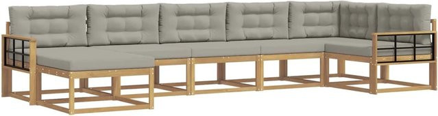 vidaXL Outdoor-Sofagarnitur L-Form aus Akazienholz mit 7 Kissen in Weiß und Grau - Bild 1