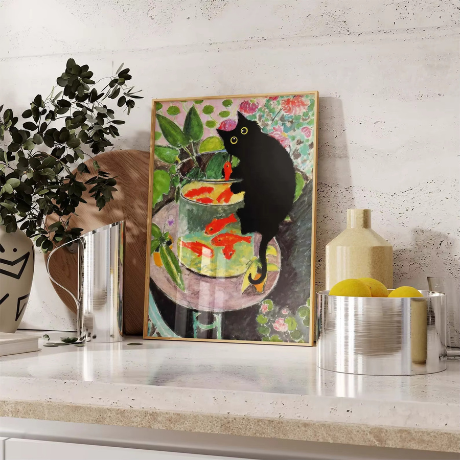 SHENCHEN Wandbild Matisse Goldfisch mit schwarzem Katzendruck und Blumen in rechteckiger Form - Bild 4