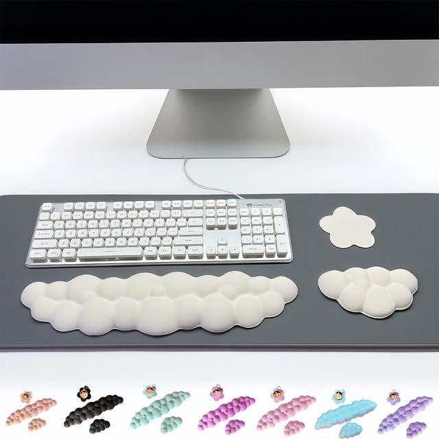 3-teiliges Cloud-Tastatur-Handgelenkauflagen-Set in Blau und Weiß mit rutschfester Basis und Blumenuntersetzern für deinen Desktop - Bild 1