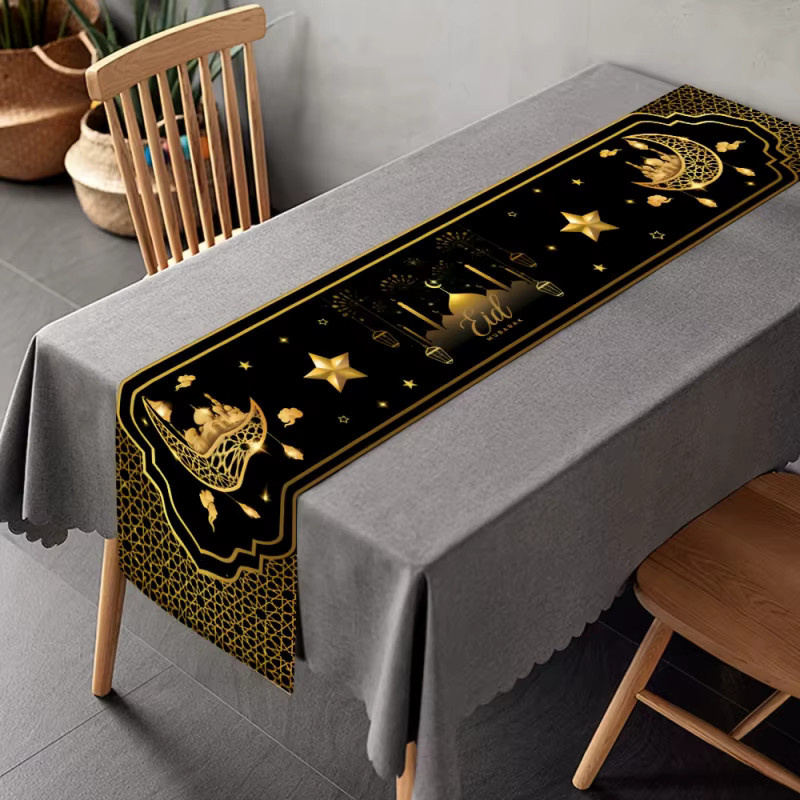 VIKAMA Tischläufer Ramadan in Schwarz-Gold mit Stern- und Mond-Motiv aus Leinen, B/H: 90 x 33 cm - Bild 2