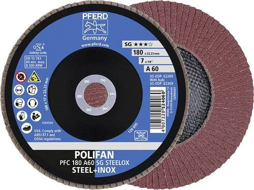 PFERD Steelox Polifan Fächerschleifscheibe PFC für Stahl und Edelstahl, Körnung 60, Durchmesser: 180 mm, Bohrungs-Ø: 22,23 mm, 10 Stück - Bild 1