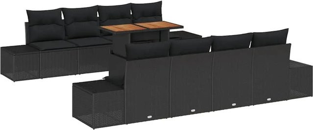 vidaXL Garten-Sofa-Set aus Poly-Rattan in Schwarz, 9-teiliges U-Shape Lounge-Set mit Tisch und integriertem Stauraum sowie Polsterkissen - Bild 1