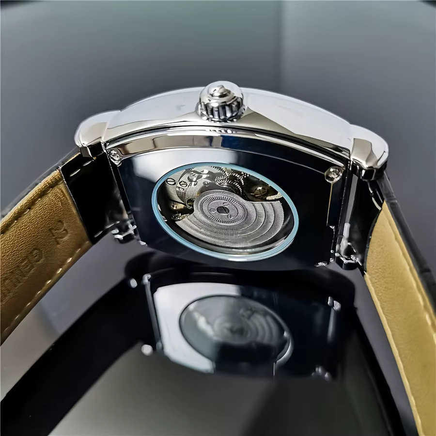 LUOLINGONGJUE Herrenarmbanduhr, Automatik, Tonneau, Leder, Gold, Silber - Bild 2