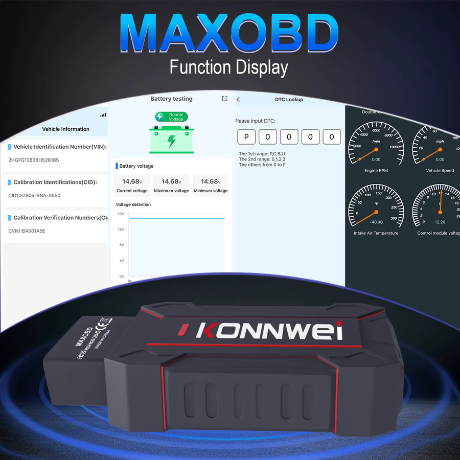 KONNWEI MAXOBD OBD2 Diagnose Werkzeug mit Bluetooth 5.2 für iOS und Android, Auto System Scanner für Motor, Airbag und ABS, Schwarz - Bild 3