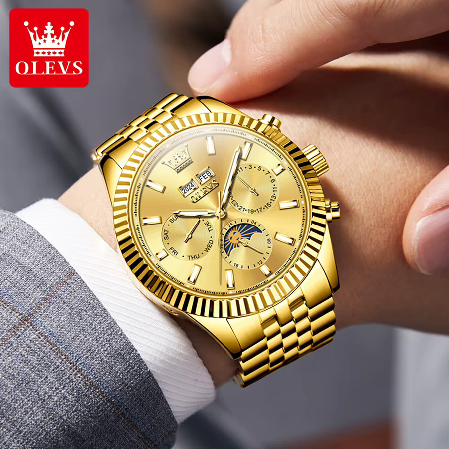OLEVS Armbanduhr Automatik, Edelstahl, Gold, Bicolor, Mondphasen-Uhr, Herren - Bild 3