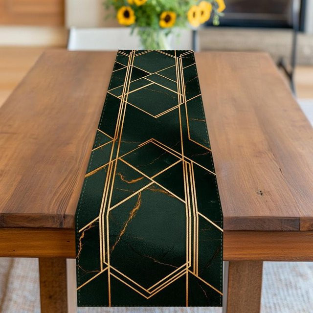 JINGYUE Pet Tischläufer mit geometrischem Art-Deco-Muster in Dunkelgrün und Gold, B/H: 40 x 140 cm - Bild 1