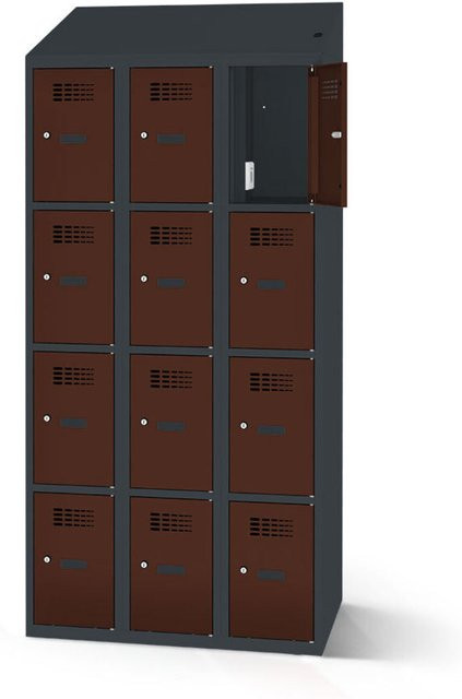 rotstahl Fächerschrank mit 12 Fächern in Mahagoni und anthrazitgrauem Korpus, Breite: 120 cm, Höhe: 200 cm - Bild 1