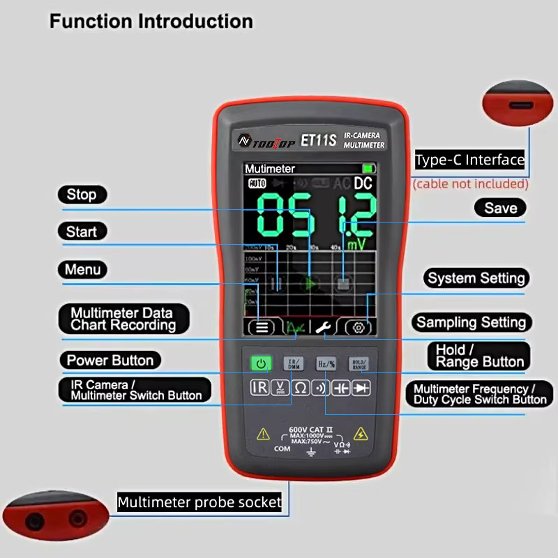 TOOLTOP ET11S Wärmebildkamera und Multimeter mit 2,8 Zoll Display, 4000 Counts, Temperaturmessung von -40 bis 300 °C, Schwarz - Bild 5