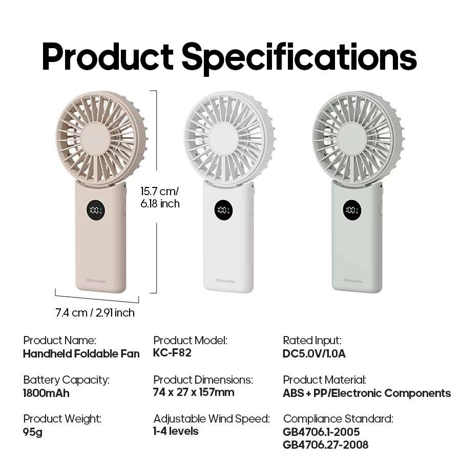Kinscoter Tragbarer Handventilator in Weiß, Faltbarer Mini-Tischventilator mit 1800 mAh Akku, 4-stufigem Windregler und LED-Anzeige, Wiederaufladbar - Bild 5
