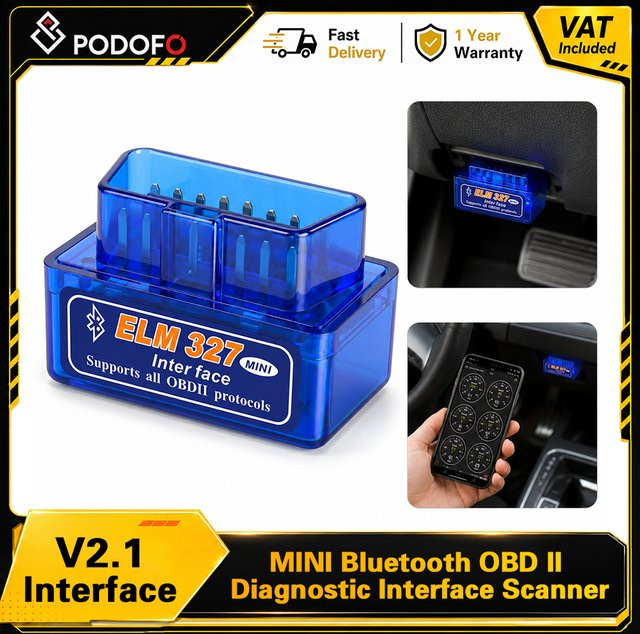 Podofo Super Mini OBD2 Auto-Diagnosegerät V2.1 Bluetooth in Blau mit 16PIN ELM327 Scanner für Multi-Protokoll DTC-Lesung und Fehlerlöschung - Bild 1