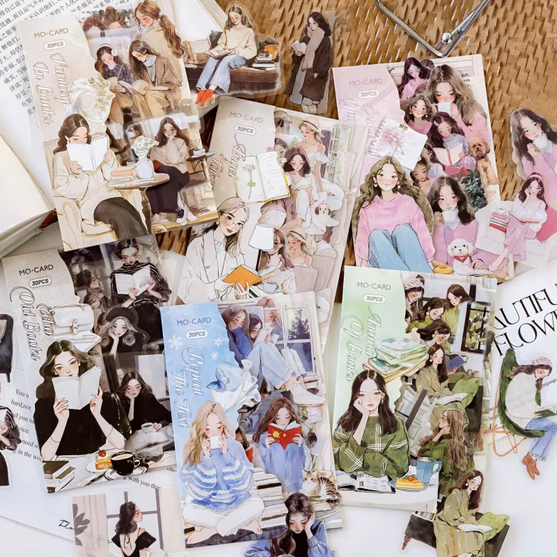 30 Blatt Bookish Girl Aufkleberpaket mit eleganten Lesedame und Buch- sowie Pflanzenmotiven in Multicolour für deine handgefertigten Karten - Bild 2