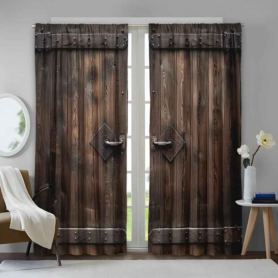 Yiran Furniture Vorhang Set mit Holzoptik Druck, 2er Pack, halbtransparent, Polyester, Breite: 65 cm, Höhe: 60 cm - Bild 2