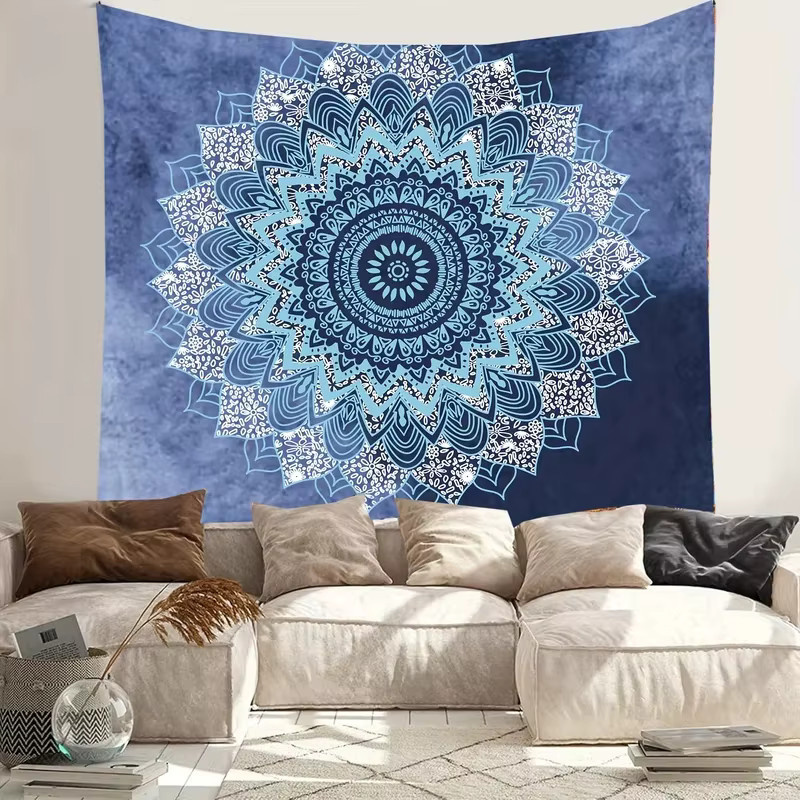 VIKAMA Boho-Mandala Wandbehang in Blau mit floralem Design, Textil-Wandteppich für Wohnzimmer und Schlafzimmer, B: 60 cm, H: 40 cm - Bild 3