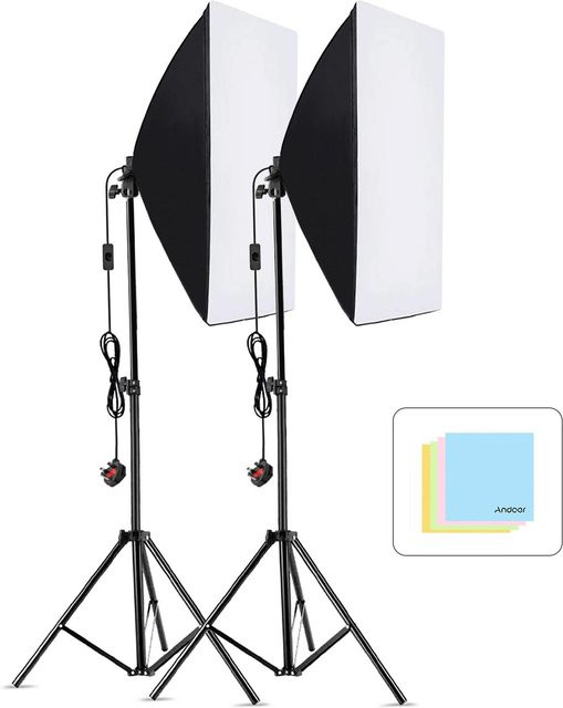 Andoer Studio Fotografie Softbox Kit in Schwarz mit 2 Softboxen (50 x 70 cm) und 2 Metallstativen (Höhe: 2 m) - Bild 1