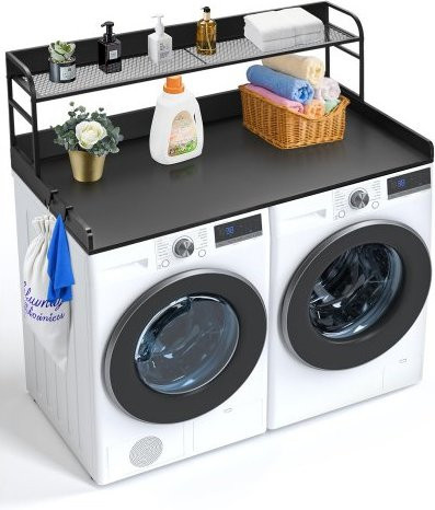 VEVOR Arbeitsplatte für Waschmaschine und Trockner mit 2-stufigem Regal in Schwarz, wasserabweisende Wäscheauflage aus Holz und Metall mit Anti-Rutsch-Pads, B/T/H: 137,0 x 70,0 x 41,9 cm - Bild 1