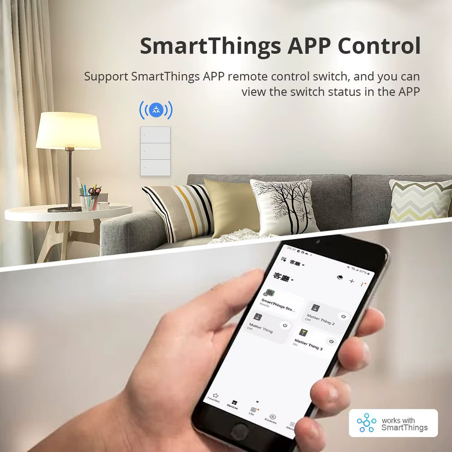 Zemismart Matter Over WiFi Physischer Drucktastenschalter in Weiß, Intelligenter Wandlichtschalter für Google Home, Apple HomeKit und SmartThings, Modernes Design - Bild 6