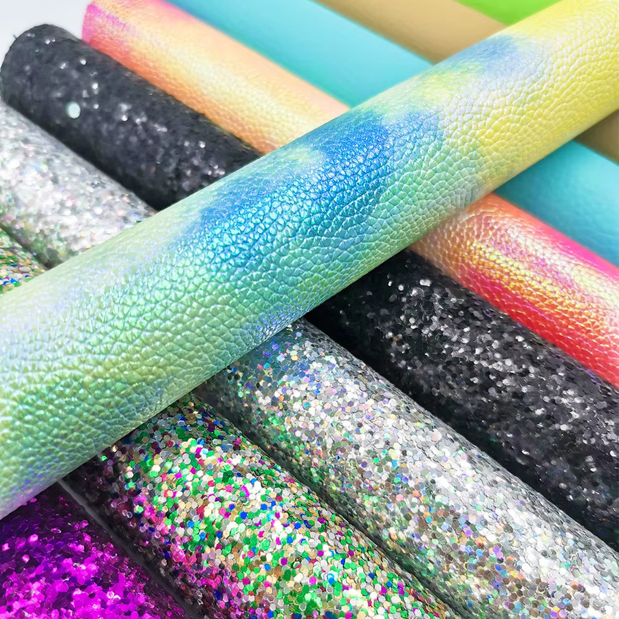 10er Set DIY Bastelmaterial aus bedrucktem PU-Leder in Tie-Dye-Optik mit Glitter-Effekt, Multicolour - Bild 2