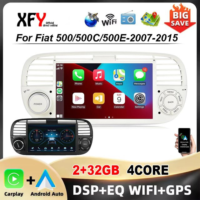 XFY 7-Zoll Autoradio für FIAT 500 (2007 - 2015) mit GPS-Navigation, Android Auto, Apple CarPlay, 5G Wifi, Bluetooth und 360 Kamera in Schwarz - Bild 1