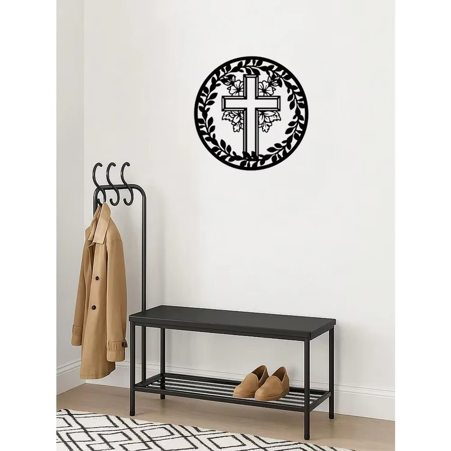 CIFBUY Metallkreuz Wandkunst aus Eisen in Schwarz mit floralem Design für Wohnzimmer und Kirche - Bild 3